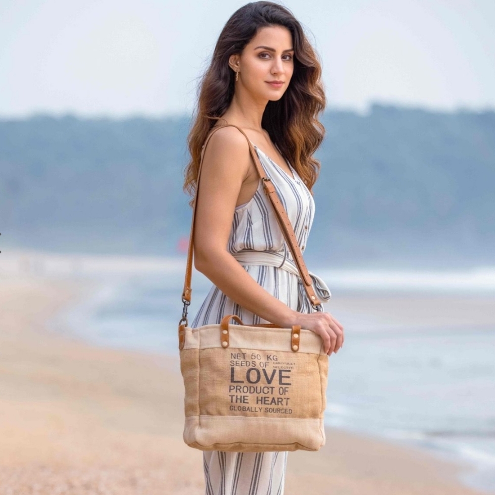 New! Myra Bag Repurposed Jute Canvas And Leather Market Tote Shoulder Bag - Picture 7 of 7